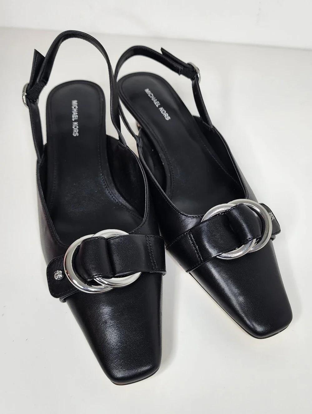 Michael Kors Jaden Black Leather Slingback Flats with Silver Ring Size 6.5